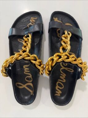 Sam Edelman Black Leather Slide Sandals with Gold Chain Trim